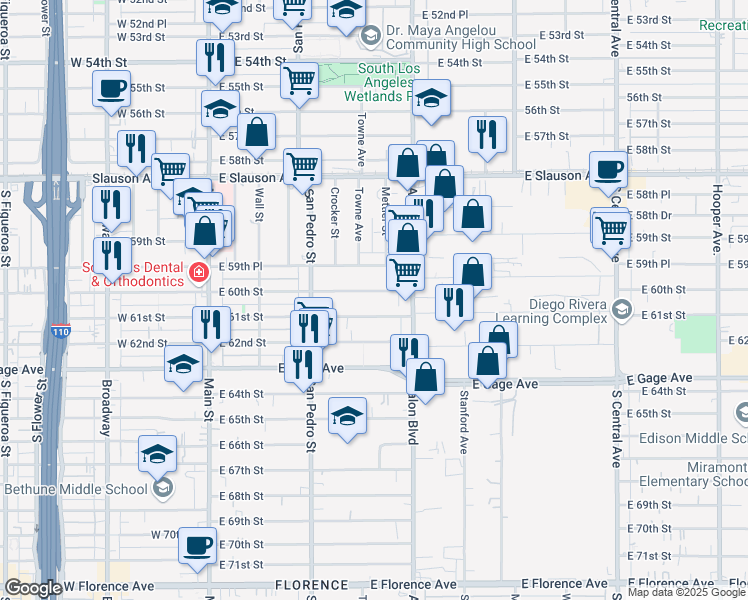 map of restaurants, bars, coffee shops, grocery stores, and more near 416 East 60th Street in Los Angeles