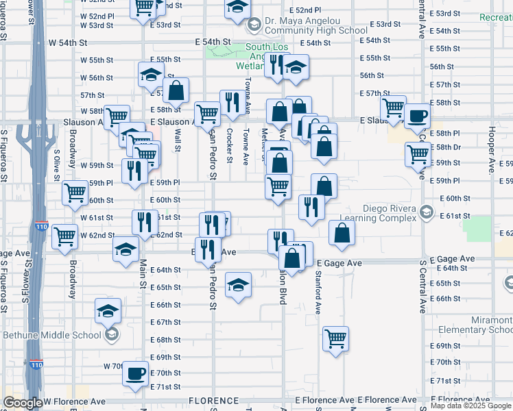 map of restaurants, bars, coffee shops, grocery stores, and more near 416 East 60th Street in Los Angeles