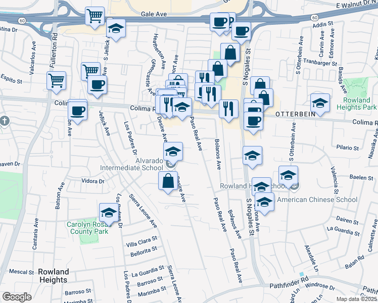 map of restaurants, bars, coffee shops, grocery stores, and more near 18836 Stevenson Lane in Rowland Heights