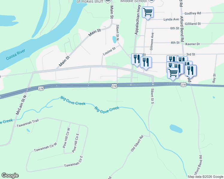 map of restaurants, bars, coffee shops, grocery stores, and more near 3650 Dogwood Drive in Hokes Bluff