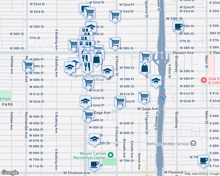 map of restaurants, bars, coffee shops, grocery stores, and more near 844 1/2 West 60th Street in Los Angeles