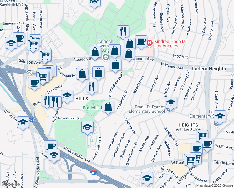 map of restaurants, bars, coffee shops, grocery stores, and more near 5674 Windsor Way in Culver City