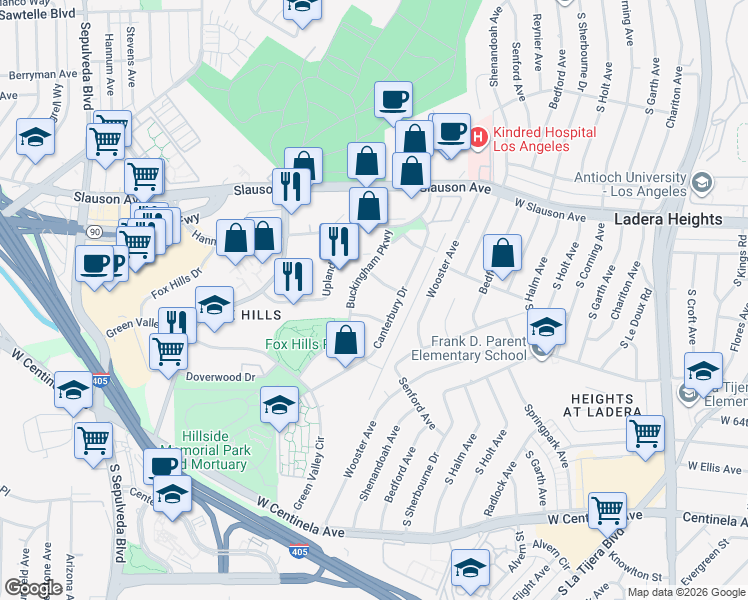 map of restaurants, bars, coffee shops, grocery stores, and more near 6000 Buckingham Parkway in Culver City