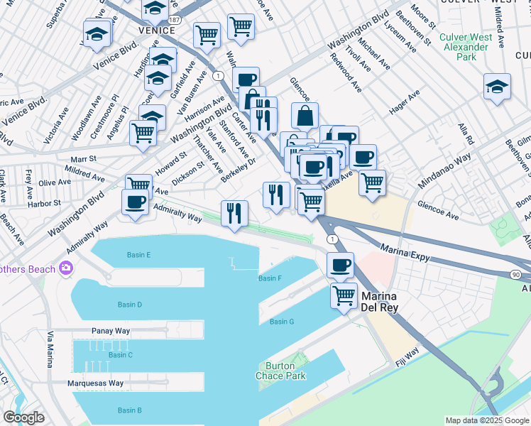 map of restaurants, bars, coffee shops, grocery stores, and more near 1042 Princeton Drive in Marina del Rey