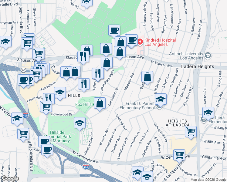map of restaurants, bars, coffee shops, grocery stores, and more near 6001 Canterbury Drive in Culver City
