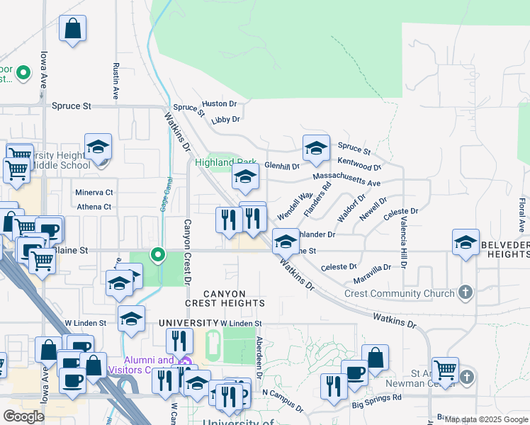 map of restaurants, bars, coffee shops, grocery stores, and more near 700 Highlander Drive in Riverside