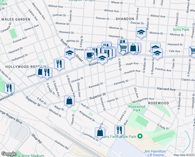map of restaurants, bars, coffee shops, grocery stores, and more near 513 Howard Street in Columbia