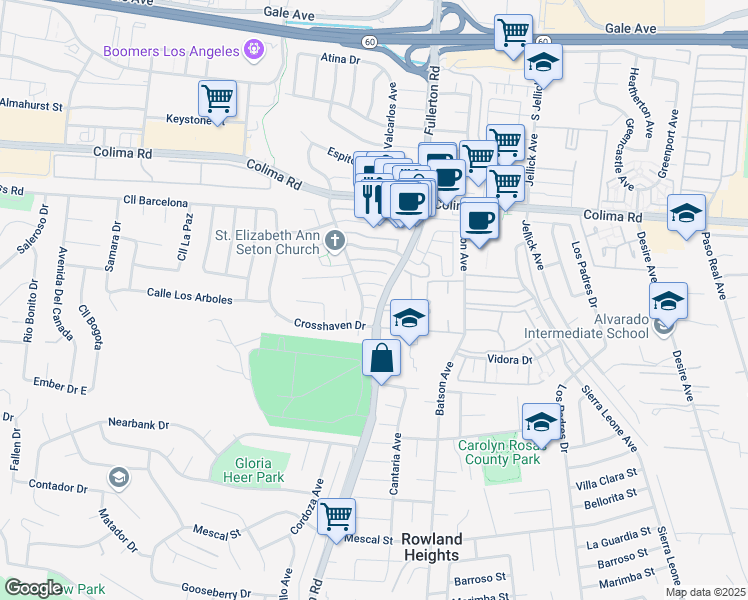 map of restaurants, bars, coffee shops, grocery stores, and more near 18234 Vía Calma in Rowland Heights