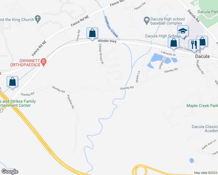 map of restaurants, bars, coffee shops, grocery stores, and more near 459 Village Broad Street in Dacula