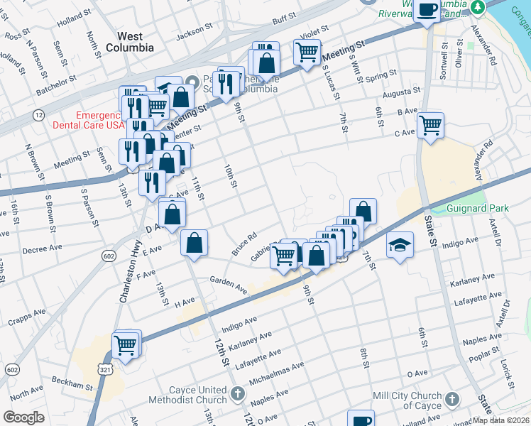 map of restaurants, bars, coffee shops, grocery stores, and more near 908 E Avenue in West Columbia
