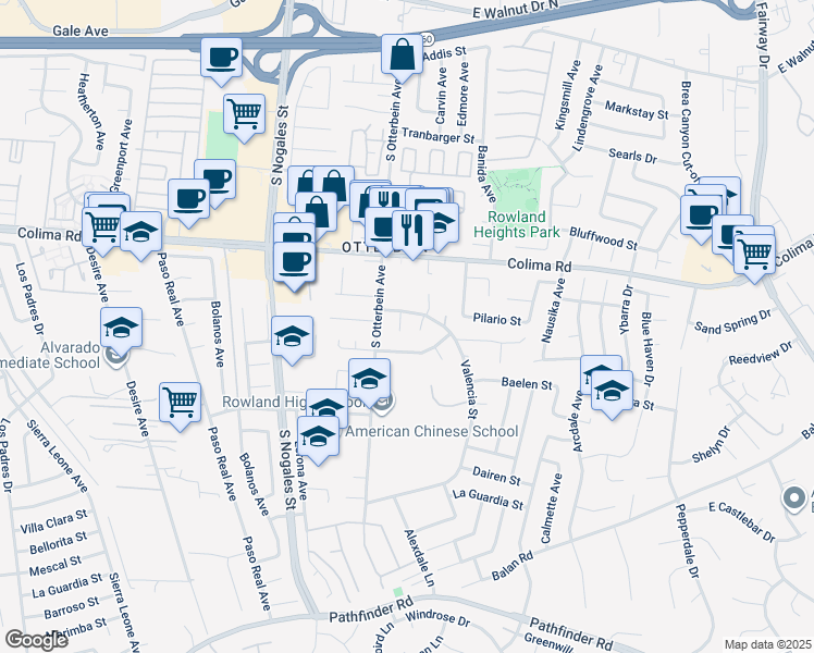 map of restaurants, bars, coffee shops, grocery stores, and more near 1812 Electra Avenue in Rowland Heights