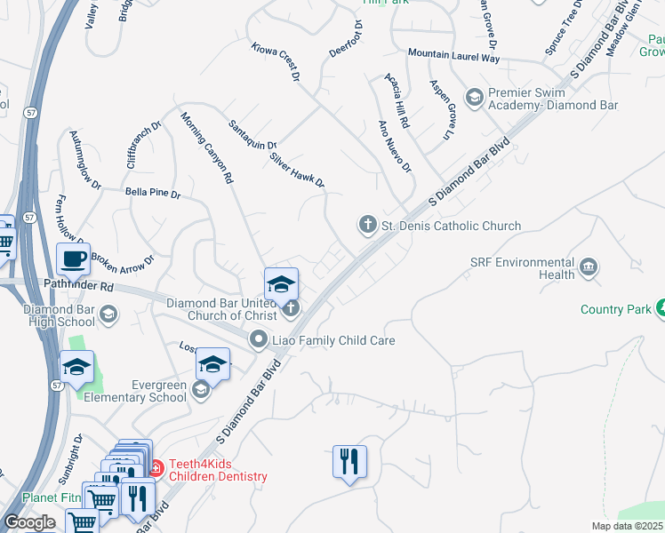 map of restaurants, bars, coffee shops, grocery stores, and more near 2282 Shady Hills Drive in Diamond Bar