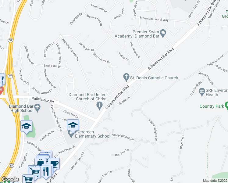 map of restaurants, bars, coffee shops, grocery stores, and more near 2204 Shady Hills Drive in Diamond Bar