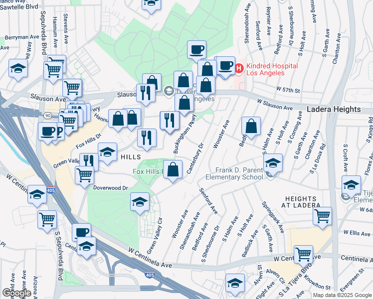 map of restaurants, bars, coffee shops, grocery stores, and more near 5674 Windsor Way in Culver City