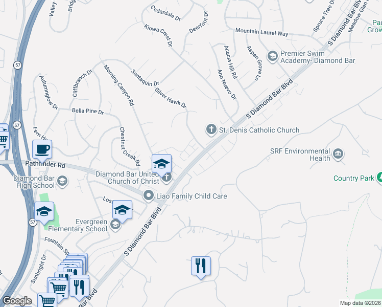 map of restaurants, bars, coffee shops, grocery stores, and more near 2204 Shady Hills Drive in Diamond Bar