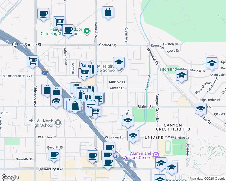 map of restaurants, bars, coffee shops, grocery stores, and more near 1175 Athena Court in Riverside