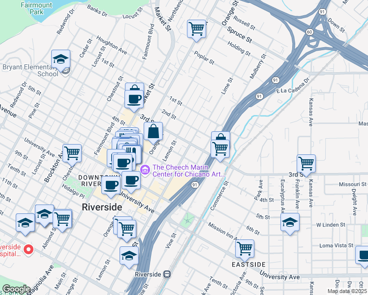 map of restaurants, bars, coffee shops, grocery stores, and more near 3321 Lemon Street in Riverside