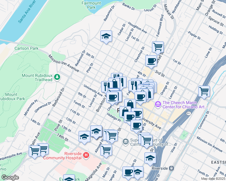 map of restaurants, bars, coffee shops, grocery stores, and more near 3640 Brockton Avenue in Riverside