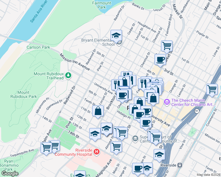 map of restaurants, bars, coffee shops, grocery stores, and more near 4178 Mission Inn Avenue in Riverside