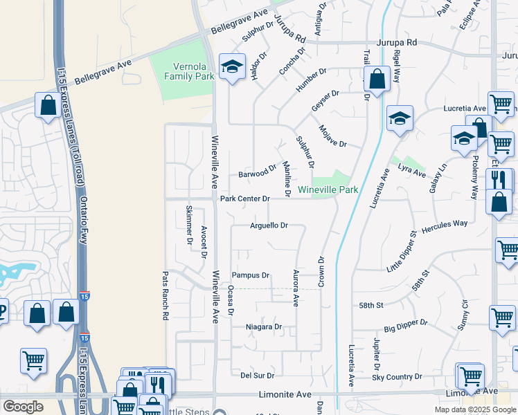 map of restaurants, bars, coffee shops, grocery stores, and more near 11707 Park Center Drive in Jurupa Valley