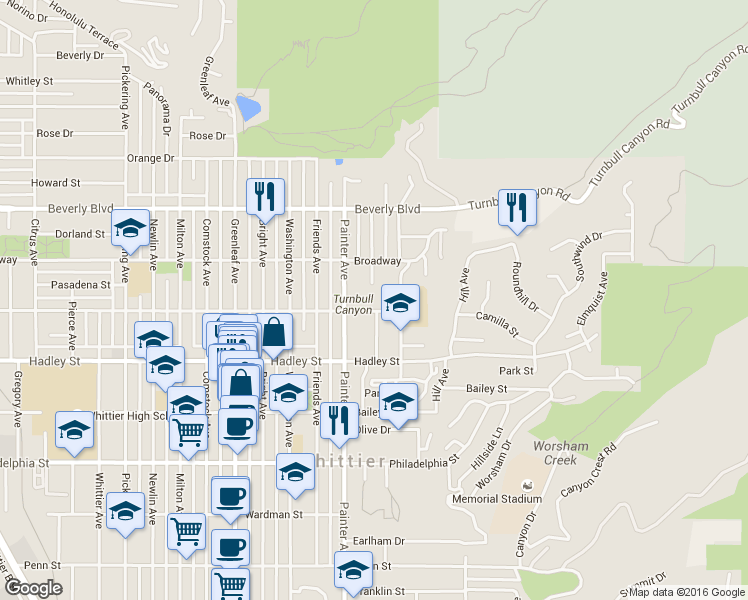 map of restaurants, bars, coffee shops, grocery stores, and more near 6222 Painter Avenue in Whittier