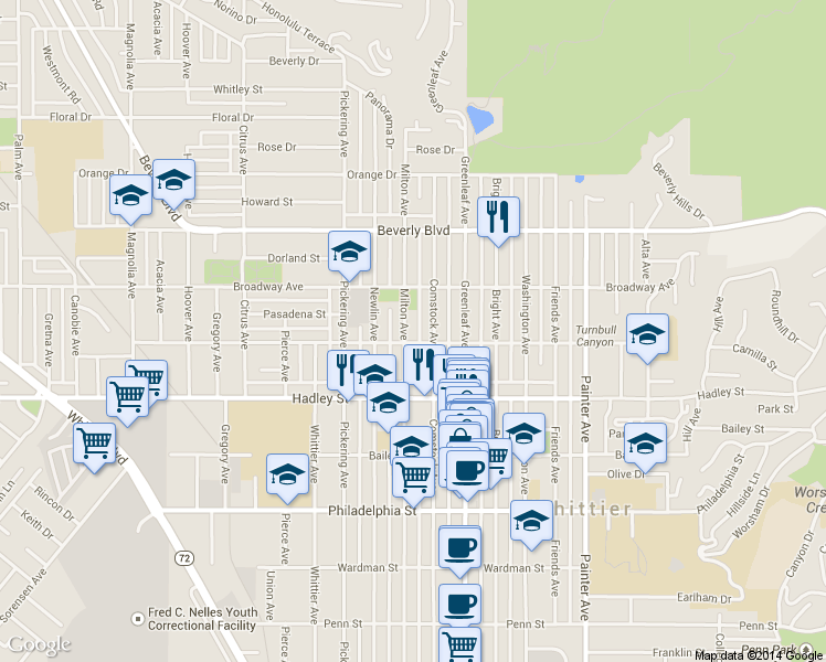 map of restaurants, bars, coffee shops, grocery stores, and more near 6230 Milton Avenue in Whittier