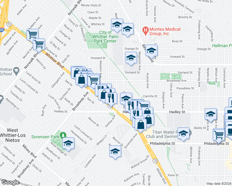 map of restaurants, bars, coffee shops, grocery stores, and more near 6234 Gretna Avenue in Whittier