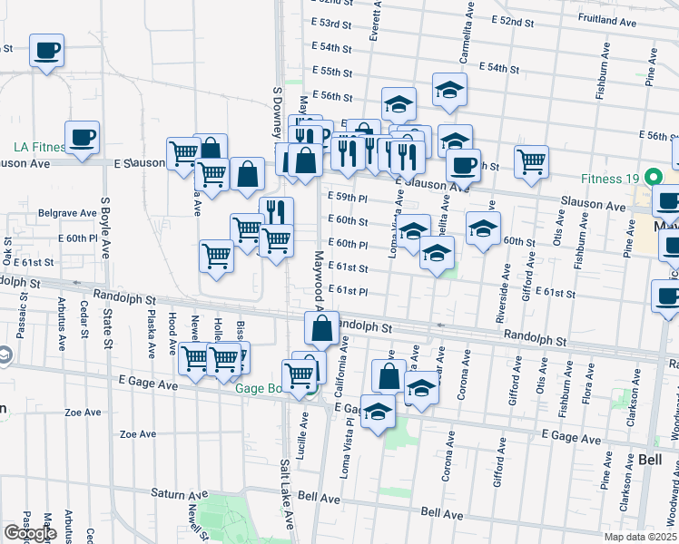 map of restaurants, bars, coffee shops, grocery stores, and more near 3531 East 61st Street in Huntington Park