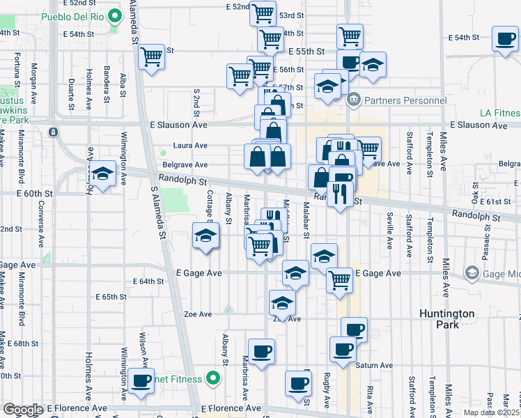 map of restaurants, bars, coffee shops, grocery stores, and more near 6112 Santa Fe Avenue in Huntington Park