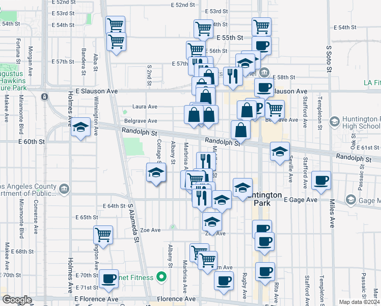 map of restaurants, bars, coffee shops, grocery stores, and more near 6119 Marbrisa Avenue in Huntington Park