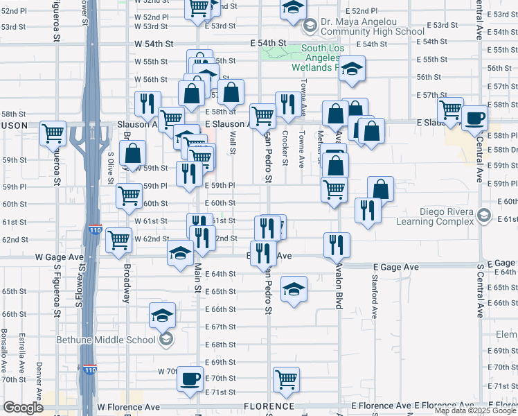 map of restaurants, bars, coffee shops, grocery stores, and more near 233 East 60th Street in Los Angeles
