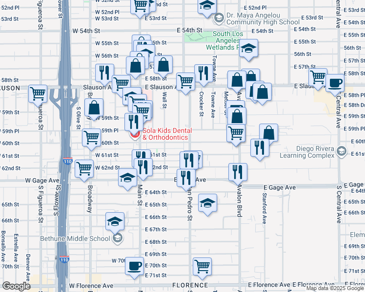 map of restaurants, bars, coffee shops, grocery stores, and more near 233 East 60th Street in Los Angeles