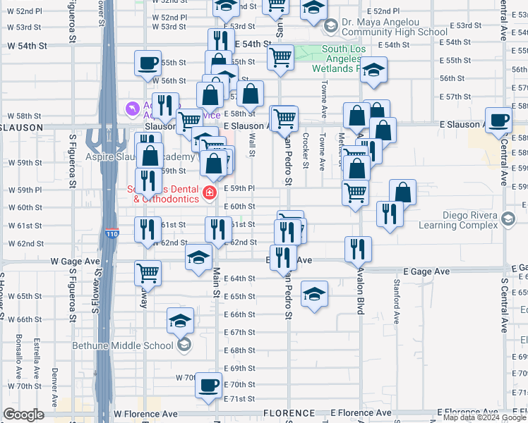 map of restaurants, bars, coffee shops, grocery stores, and more near 233 East 60th Street in Los Angeles