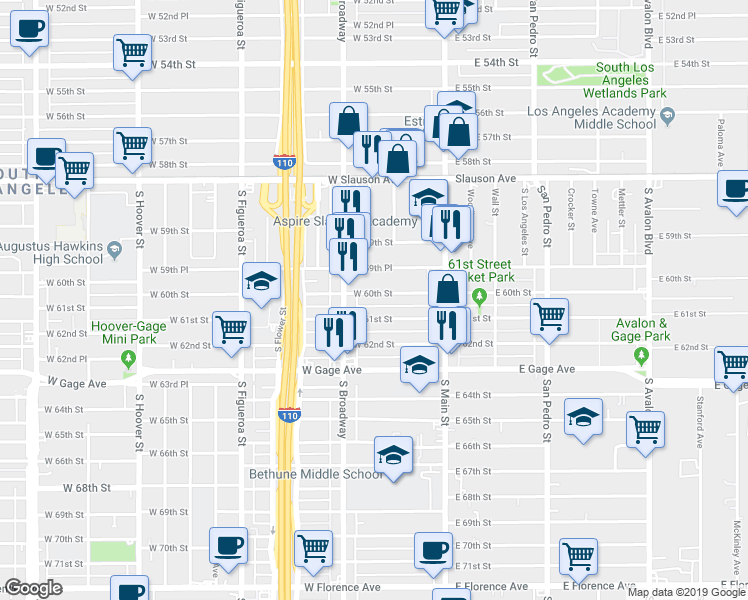 map of restaurants, bars, coffee shops, grocery stores, and more near 211 West 60th Street in Los Angeles