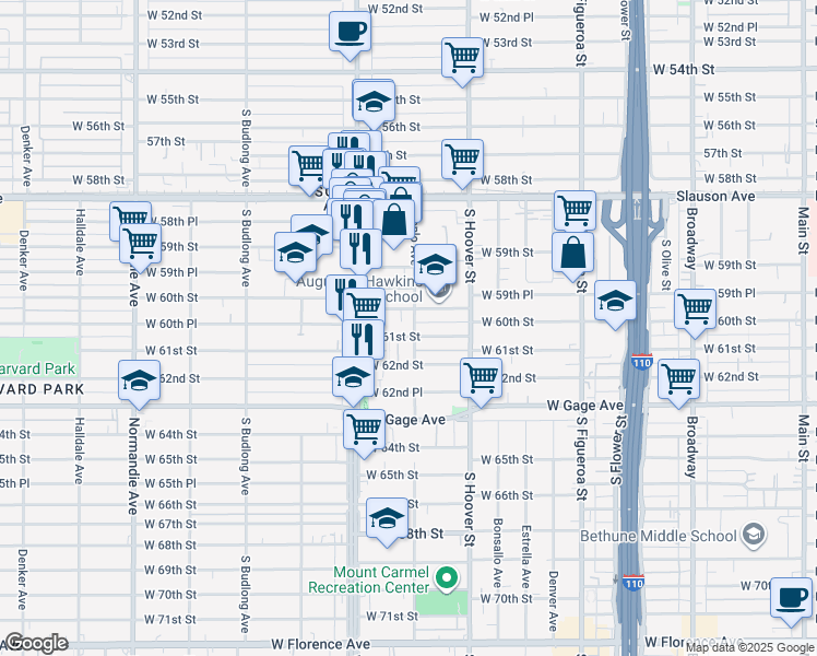 map of restaurants, bars, coffee shops, grocery stores, and more near 916 West 60th Street in Los Angeles
