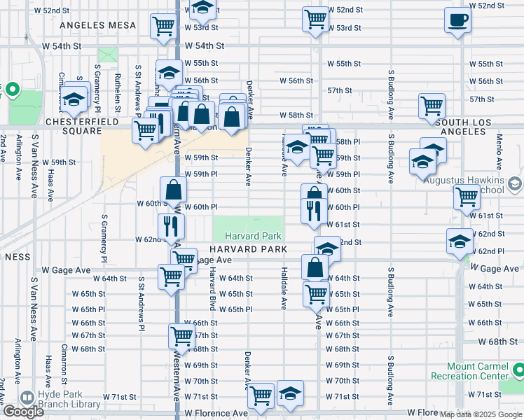 map of restaurants, bars, coffee shops, grocery stores, and more near 1528 West 60th Street in Los Angeles