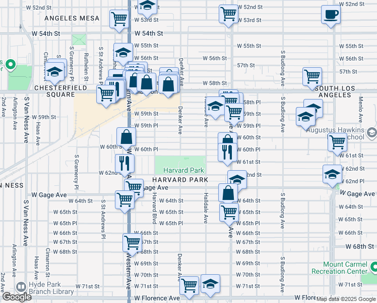 map of restaurants, bars, coffee shops, grocery stores, and more near 1528 West 60th Street in Los Angeles