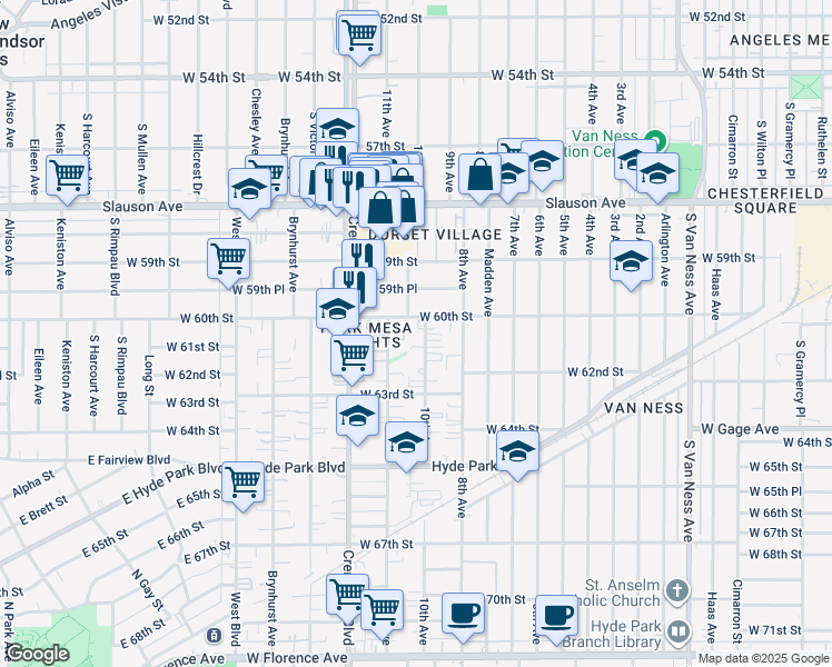 map of restaurants, bars, coffee shops, grocery stores, and more near 3335 West 60th Street in Los Angeles