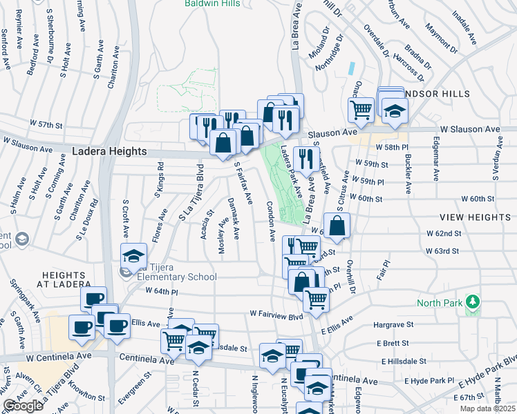 map of restaurants, bars, coffee shops, grocery stores, and more near 6022 Condon Avenue in View Park-Windsor Hills