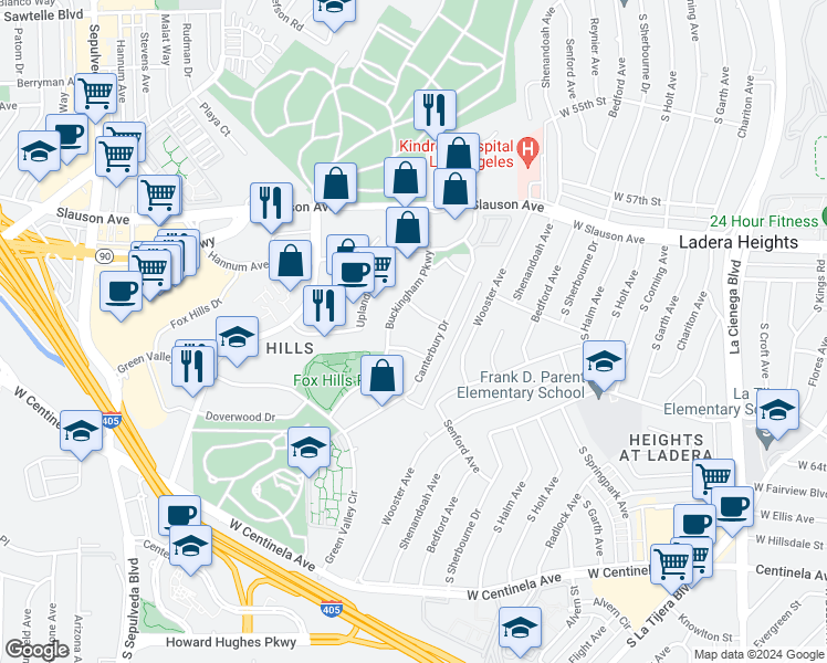 map of restaurants, bars, coffee shops, grocery stores, and more near 5674 Windsor Way in Culver City