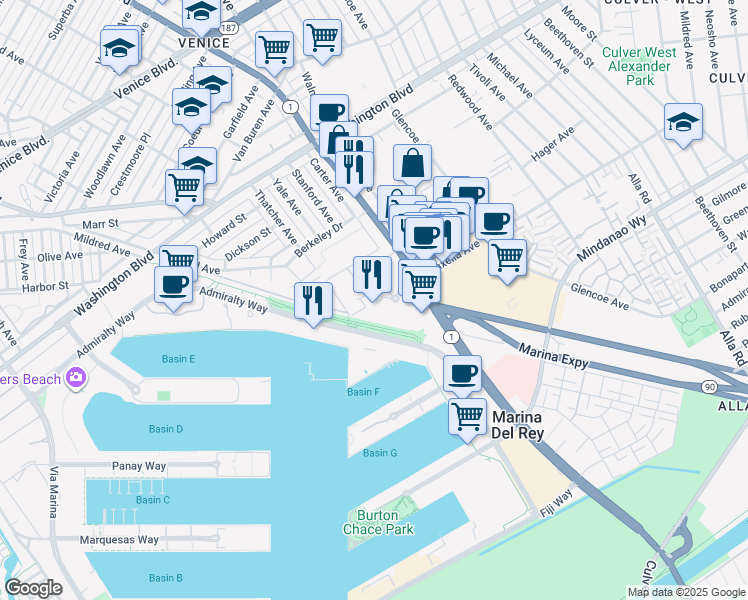 map of restaurants, bars, coffee shops, grocery stores, and more near 1042 Princeton Drive in Marina del Rey