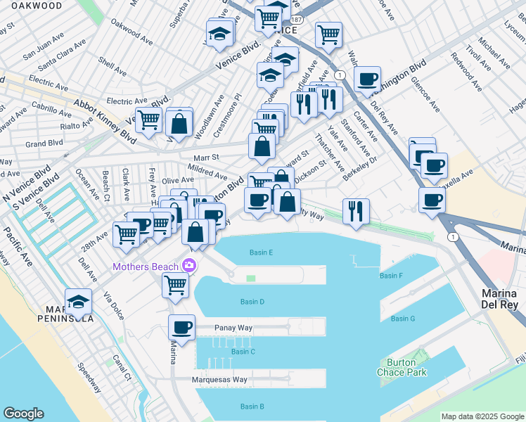 map of restaurants, bars, coffee shops, grocery stores, and more near 4334 Admiralty Way in Marina del Rey