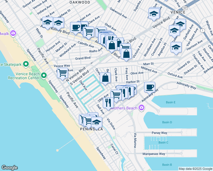 map of restaurants, bars, coffee shops, grocery stores, and more near 2403 Ocean Avenue in Los Angeles