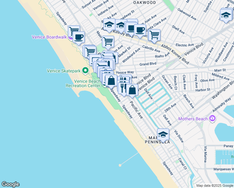 map of restaurants, bars, coffee shops, grocery stores, and more near 20 19th Avenue in Los Angeles
