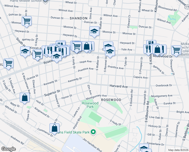 map of restaurants, bars, coffee shops, grocery stores, and more near 3134 Prentice Avenue in Columbia