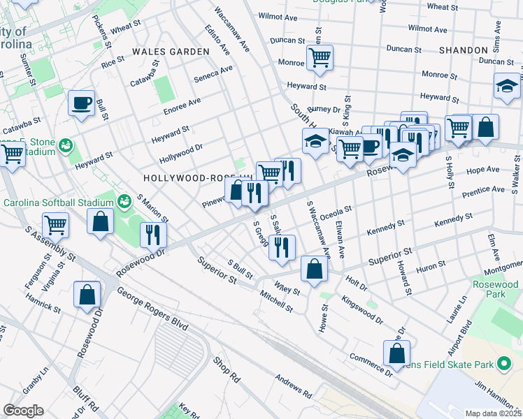 map of restaurants, bars, coffee shops, grocery stores, and more near 321 South Saluda Avenue in Columbia