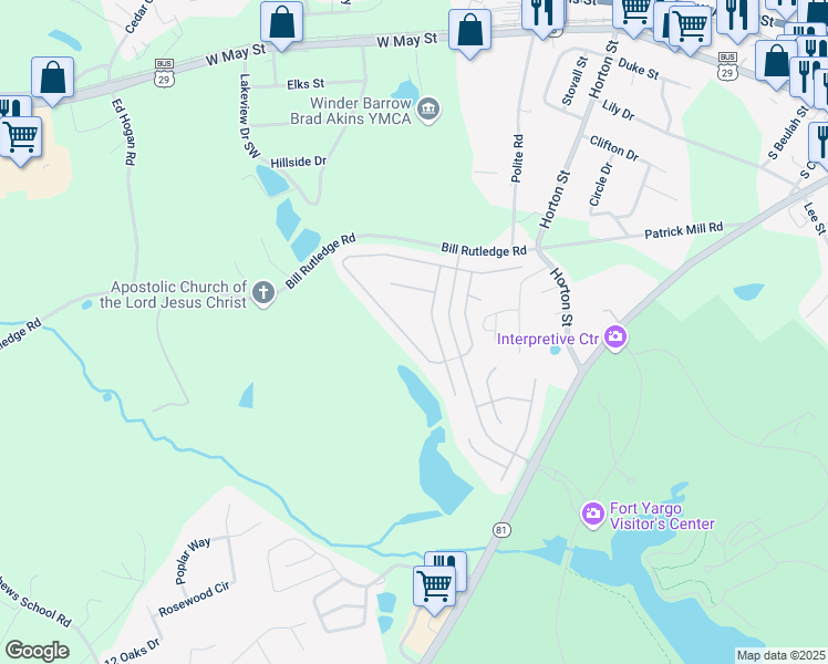 map of restaurants, bars, coffee shops, grocery stores, and more near 2106 Massey Lane in Winder