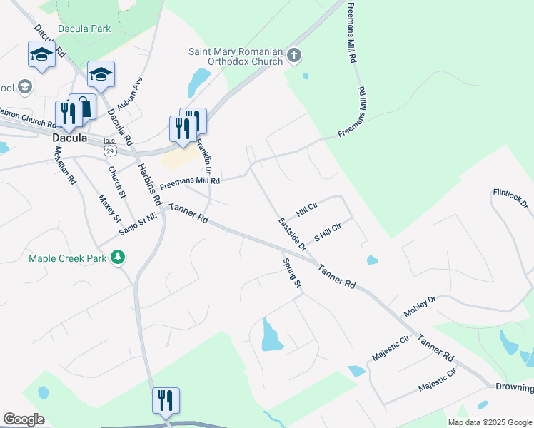 map of restaurants, bars, coffee shops, grocery stores, and more near 487 Eastside Drive in Dacula