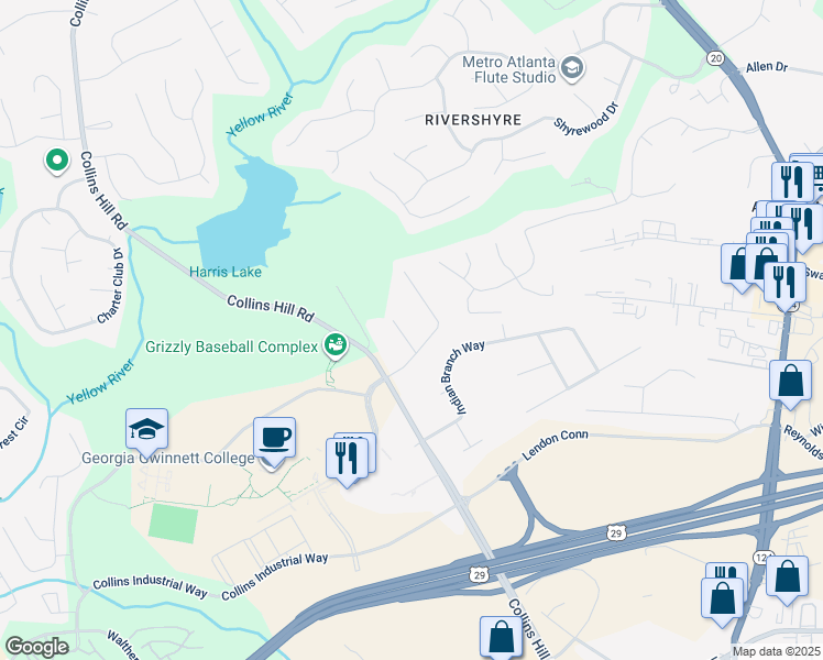 map of restaurants, bars, coffee shops, grocery stores, and more near 177 Gregory Trail in Lawrenceville
