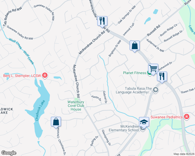 map of restaurants, bars, coffee shops, grocery stores, and more near 1557 Heartwood Drive in Lawrenceville